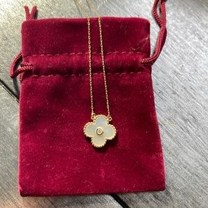 14k Yellow Gold, Mother of Pearl and Diamond Clover Necklace